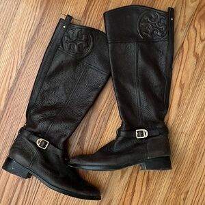 Tory Burch tall boots logo with gold detailing riding boots 8.5 brown leather